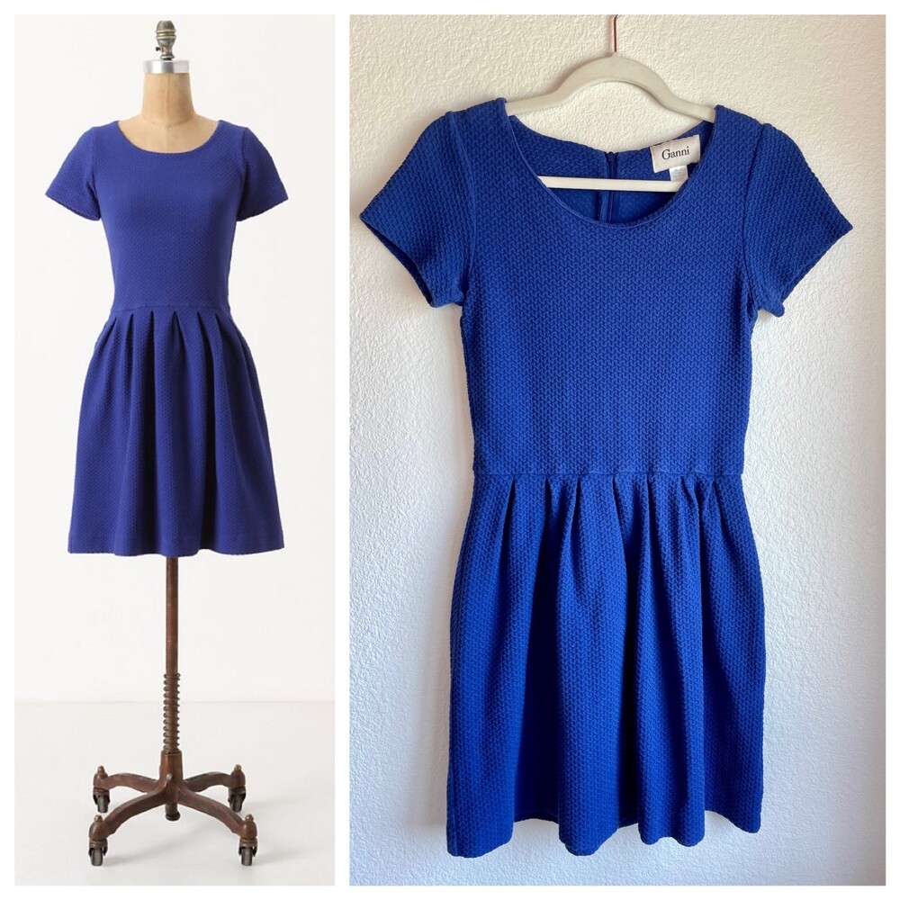 Anthropologie Ganni Embossed Basket Weave Short Sleeve Dress in Royal Blue M